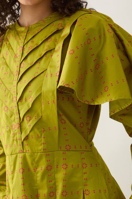 Buy_Son Of A Noble Snob_Green Cotton Satin Round Neck Leaf Regal Print Midi Dress 