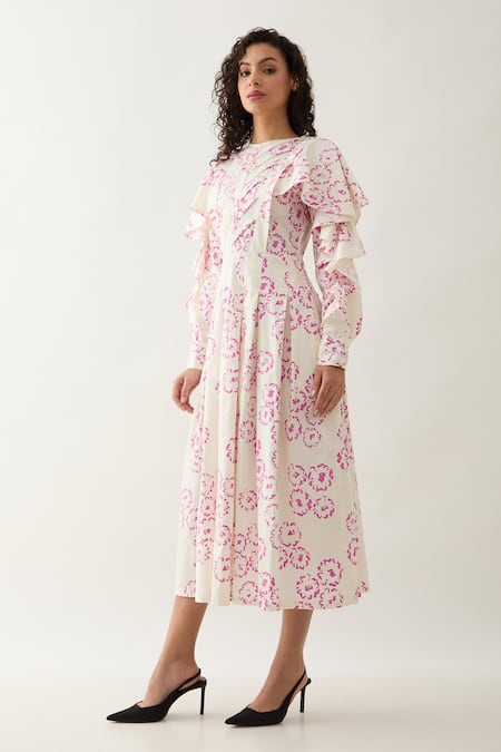 Son Of A Noble Snob Off White Cotton Satin Round Neck Ronita Floral Midi Dress Online at Aza Fashions Son Of A Noble Snob_Off White Cotton Satin Round Neck Ronita Floral Midi Dress _Online_at_Aza_Fashions