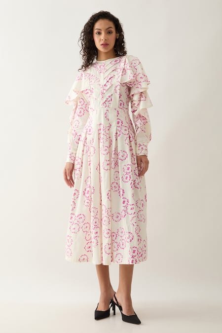 Son of A Noble Snob Off White Cotton Satin Round Neck Ronita Floral Midi Dress 