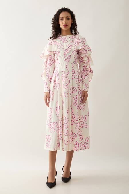 Buy Son Of A Noble Snob Off White Cotton Satin Round Neck Ronita Floral Midi Dress Online at Aza Fashions Buy_Son Of A Noble Snob_Off White Cotton Satin Round Neck Ronita Floral Midi Dress _Online_at_Aza_Fashions