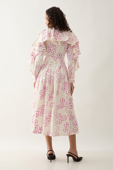 Shop Son Of A Noble Snob Off White Cotton Satin Round Neck Ronita Floral Midi Dress at Aza Fashions Shop_Son Of A Noble Snob_Off White Cotton Satin Round Neck Ronita Floral Midi Dress _at_Aza_Fashions