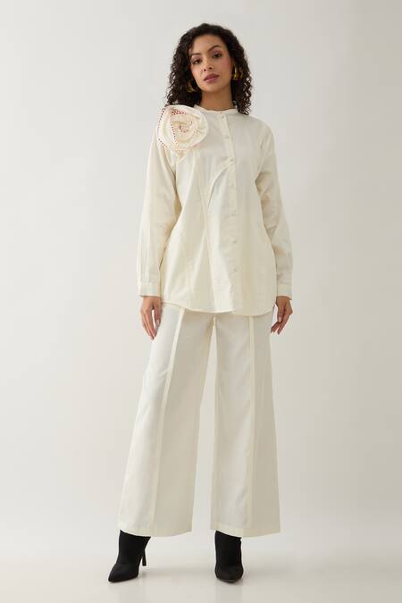 Son Of A Noble Snob Off White Cotton Satin Fabric Flowers Mandarin Rosette Asymmetric Panel Shirt Online at Aza Fashions Son Of A Noble Snob_Off White Cotton Satin Fabric Flowers Mandarin Rosette Asymmetric Panel Shirt _Online_at_Aza_Fashions