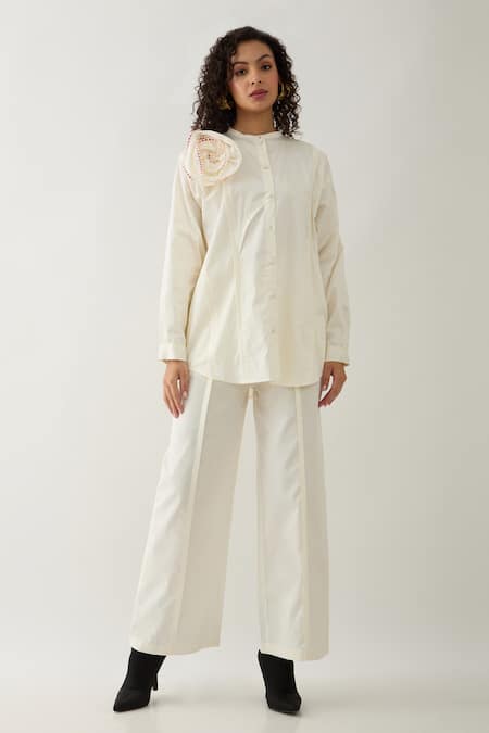 Son of A Noble Snob Off White Cotton Satin Fabric Flowers Mandarin Rosette Asymmetric Panel Shirt 