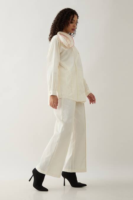 Buy Son Of A Noble Snob Off White Cotton Satin Fabric Flowers Mandarin Rosette Asymmetric Panel Shirt Buy_Son Of A Noble Snob_Off White Cotton Satin Fabric Flowers Mandarin Rosette Asymmetric Panel Shirt