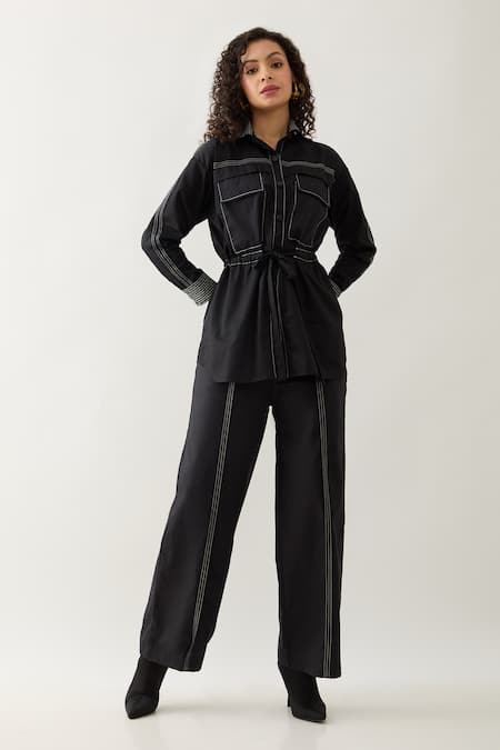 Son of A Noble Snob Black Cotton Satin Collared Safa Co-ord Set 