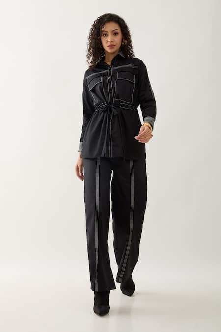 Son Of A Noble Snob Black Cotton Satin Collared Safa Co-ord Set Online at Aza Fashions Son Of A Noble Snob_Black Cotton Satin Collared Safa Co-ord Set _Online_at_Aza_Fashions