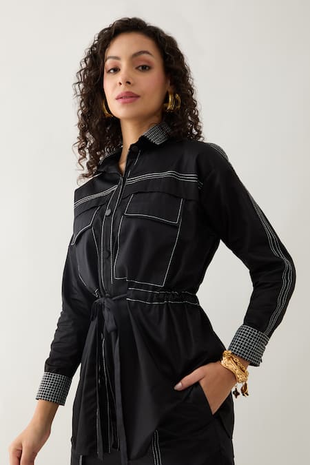 Buy Son Of A Noble Snob Black Cotton Satin Collared Safa Co-ord Set Buy_Son Of A Noble Snob_Black Cotton Satin Collared Safa Co-ord Set