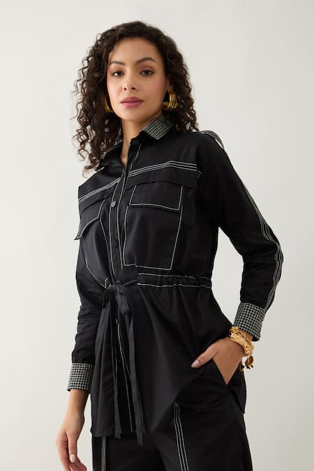 Shop Son Of A Noble Snob Black Cotton Satin Collared Safa Co-ord Set Shop_Son Of A Noble Snob_Black Cotton Satin Collared Safa Co-ord Set