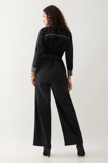 Shop Son Of A Noble Snob Black Cotton Satin Collared Safa Shirt With Belt at Aza Fashions Shop_Son Of A Noble Snob_Black Cotton Satin Collared Safa Shirt With Belt _at_Aza_Fashions