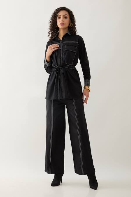 Son Of A Noble Snob Black Cotton Satin Collared Safa Shirt With Belt Online at Aza Fashions Son Of A Noble Snob_Black Cotton Satin Collared Safa Shirt With Belt _Online_at_Aza_Fashions