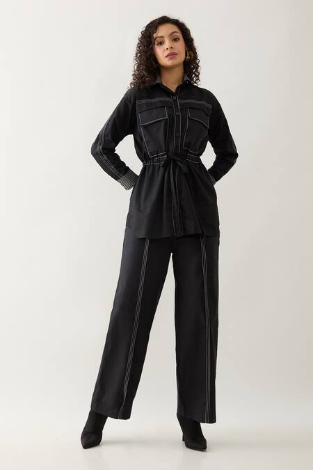 Buy Son Of A Noble Snob Black Cotton Satin Collared Safa Shirt With Belt Online at Aza Fashions Buy_Son Of A Noble Snob_Black Cotton Satin Collared Safa Shirt With Belt _Online_at_Aza_Fashions