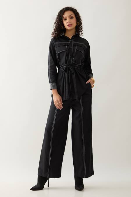 Shop Son Of A Noble Snob Black Cotton Satin Collared Safa Shirt With Belt Online at Aza Fashions Shop_Son Of A Noble Snob_Black Cotton Satin Collared Safa Shirt With Belt _Online_at_Aza_Fashions