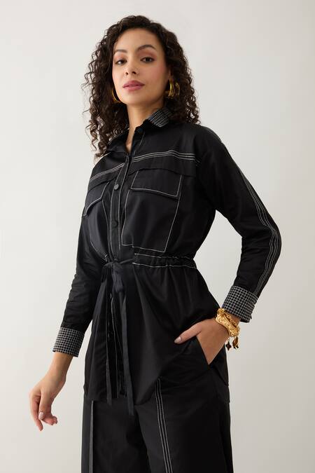 Son Of A Noble Snob Black Cotton Satin Collared Safa Shirt With Belt at Aza Fashions Son Of A Noble Snob_Black Cotton Satin Collared Safa Shirt With Belt _at_Aza_Fashions