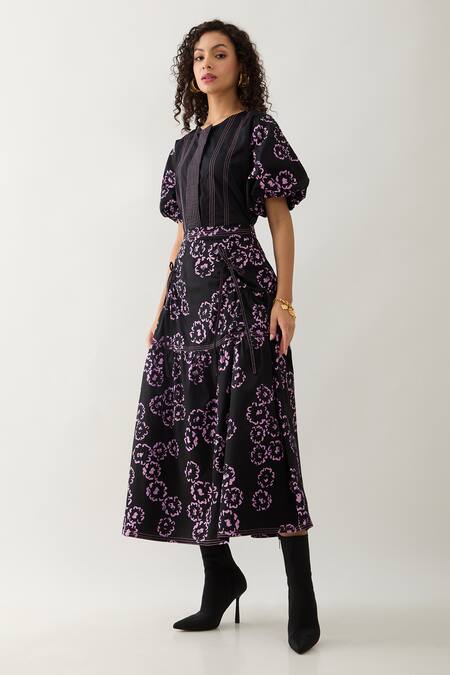 Son Of A Noble Snob Black Cotton Satin Bows Collared Samui Farm Print Skirt Set Online at Aza Fashions Son Of A Noble Snob_Black Cotton Satin Bows Collared Samui Farm Print Skirt Set _Online_at_Aza_Fashions