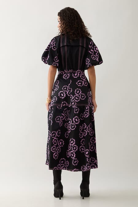 Shop Son Of A Noble Snob Black Cotton Satin Bows Collared Samui Farm Print Skirt Set at Aza Fashions Shop_Son Of A Noble Snob_Black Cotton Satin Bows Collared Samui Farm Print Skirt Set _at_Aza_Fashions