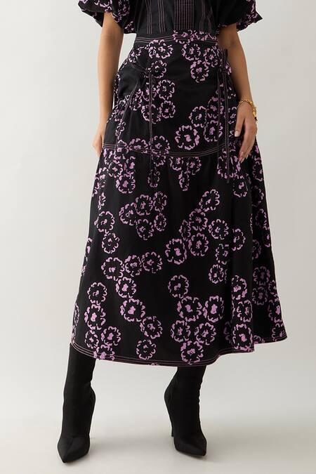 Shop Son Of A Noble Snob Black Cotton Satin Bows Collared Samui Farm Print Skirt Set Online at Aza Fashions Shop_Son Of A Noble Snob_Black Cotton Satin Bows Collared Samui Farm Print Skirt Set _Online_at_Aza_Fashions