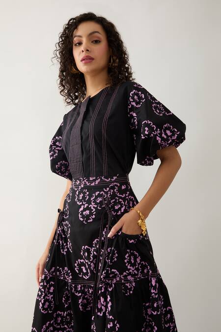 Son Of A Noble Snob Black Cotton Satin Bows Collared Samui Farm Print Skirt Set at Aza Fashions Son Of A Noble Snob_Black Cotton Satin Bows Collared Samui Farm Print Skirt Set _at_Aza_Fashions