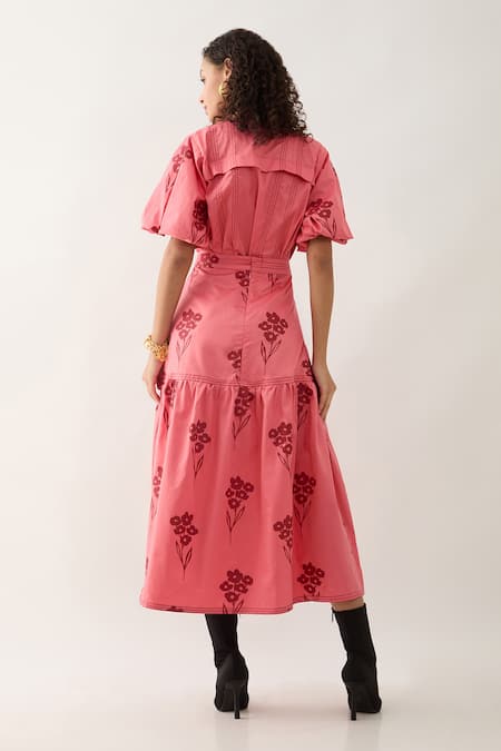 Shop Son Of A Noble Snob Pink Cotton Satin Embroidery, Bows Round Neck Salmon Farm Print Skirt Set at Aza Fashions Shop_Son Of A Noble Snob_Pink Cotton Satin Embroidery, Bows Round Neck Salmon Farm Print Skirt Set _at_Aza_Fashions