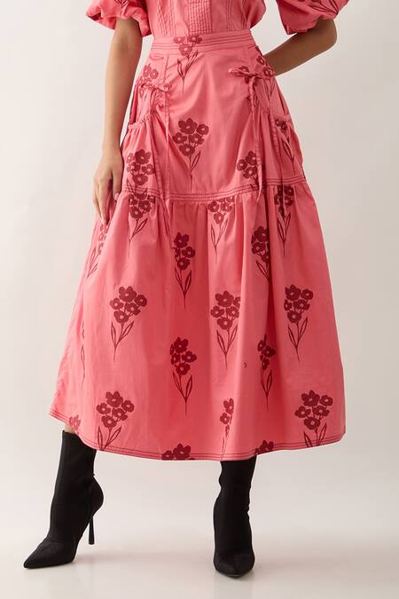 Son Of A Noble Snob Pink Cotton Satin Embroidery, Bows Round Neck Salmon Farm Print Skirt Set at Aza Fashions Son Of A Noble Snob_Pink Cotton Satin Embroidery, Bows Round Neck Salmon Farm Print Skirt Set _at_Aza_Fashions