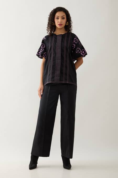 Son Of A Noble Snob Black Cotton Satin Embroidery Collared Samui Shirt With Puff Sleeves Online at Aza Fashions Son Of A Noble Snob_Black Cotton Satin Embroidery Collared Samui Shirt With Puff Sleeves _Online_at_Aza_Fashions