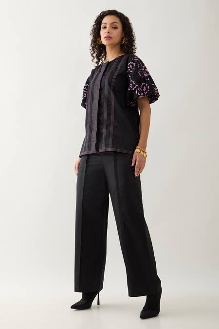 Buy Son Of A Noble Snob Black Cotton Satin Embroidery Collared Samui Shirt With Puff Sleeves Online at Aza Fashions Buy_Son Of A Noble Snob_Black Cotton Satin Embroidery Collared Samui Shirt With Puff Sleeves _Online_at_Aza_Fashions