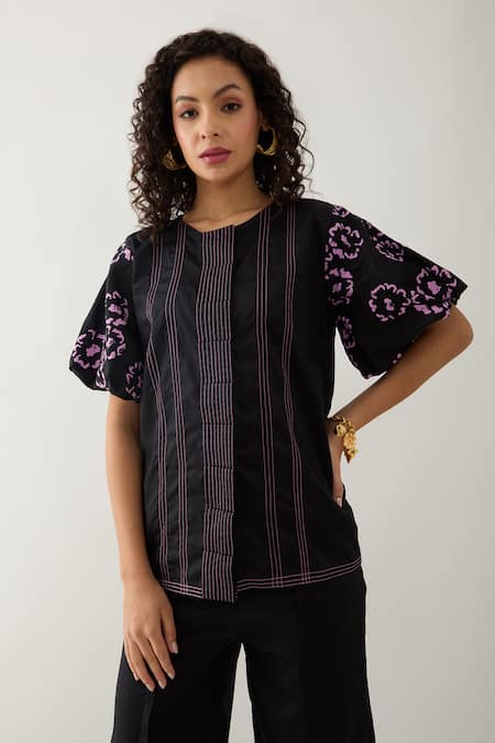 Son of A Noble Snob Black Cotton Satin Embroidery Collared Samui Shirt With Puff Sleeves 