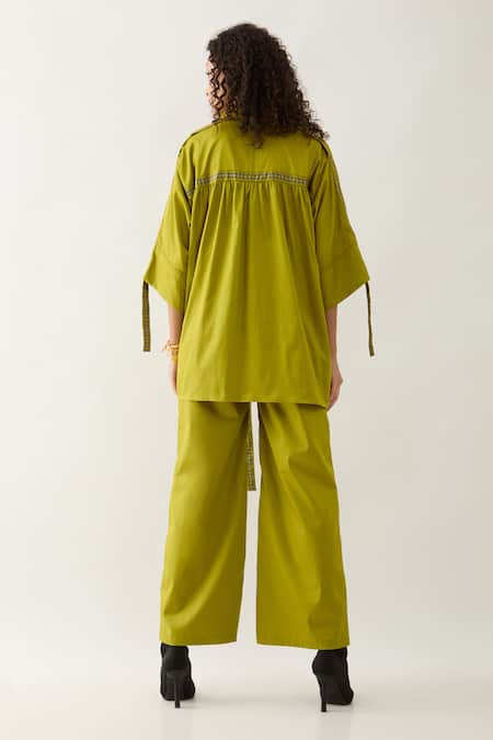 Shop Son Of A Noble Snob Green Cotton Satin Collared Leaf Relaxed Fit Shirt And Pant Set at Aza Fashions Shop_Son Of A Noble Snob_Green Cotton Satin Collared Leaf Relaxed Fit Shirt And Pant Set _at_Aza_Fashions