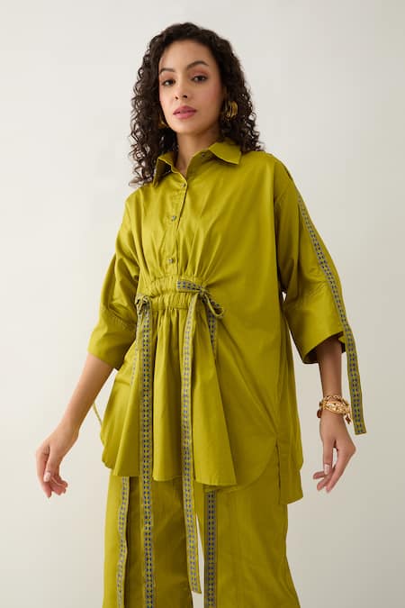 Son Of A Noble Snob Green Cotton Satin Collared Leaf Relaxed Fit Shirt And Pant Set at Aza Fashions Son Of A Noble Snob_Green Cotton Satin Collared Leaf Relaxed Fit Shirt And Pant Set _at_Aza_Fashions