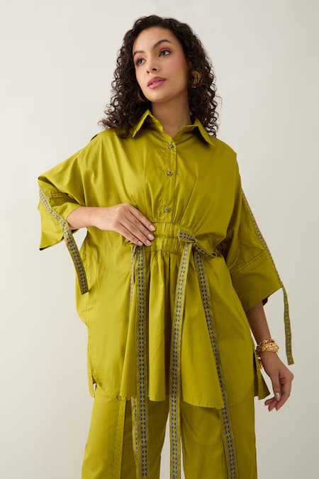 Buy Son Of A Noble Snob Green Cotton Satin Collared Leaf Relaxed Fit Shirt And Pant Set Buy_Son Of A Noble Snob_Green Cotton Satin Collared Leaf Relaxed Fit Shirt And Pant Set