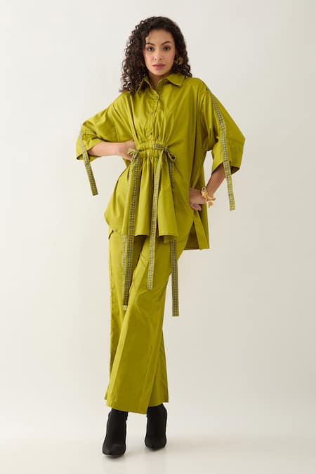 Buy Son Of A Noble Snob Green Cotton Satin Collared Leaf Sherry Shirt With Belt Online at Aza Fashions Buy_Son Of A Noble Snob_Green Cotton Satin Collared Leaf Sherry Shirt With Belt _Online_at_Aza_Fashions