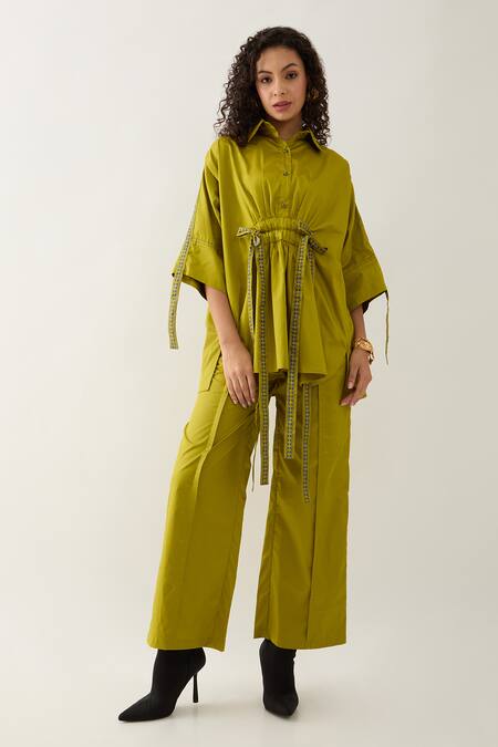 Shop Son Of A Noble Snob Green Cotton Satin Collared Leaf Sherry Shirt With Belt Online at Aza Fashions Shop_Son Of A Noble Snob_Green Cotton Satin Collared Leaf Sherry Shirt With Belt _Online_at_Aza_Fashions