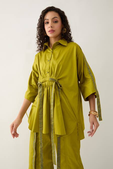 Son Of A Noble Snob Green Cotton Satin Collared Leaf Sherry Shirt With Belt at Aza Fashions Son Of A Noble Snob_Green Cotton Satin Collared Leaf Sherry Shirt With Belt _at_Aza_Fashions