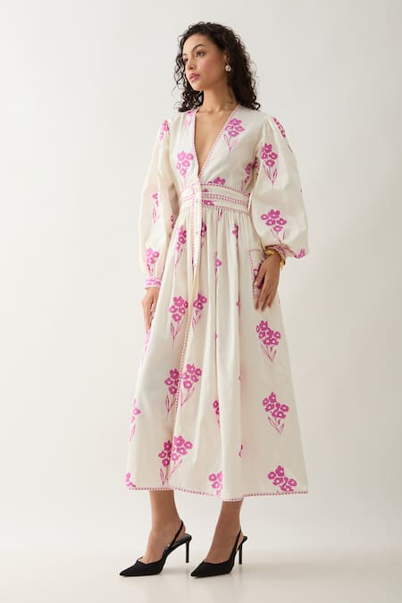 Son of A Noble Snob Off White Cotton Satin V-neck Solace Fit-and-flare Midi Dress 