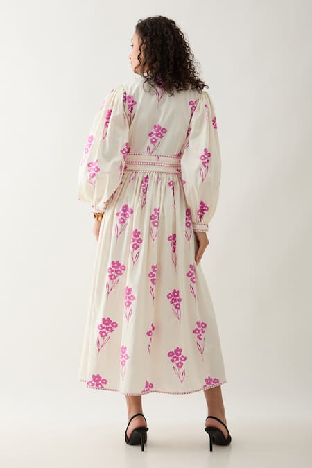 Shop Son Of A Noble Snob Off White Cotton Satin V-neck Solace Fit-and-flare Midi Dress at Aza Fashions Shop_Son Of A Noble Snob_Off White Cotton Satin V-neck Solace Fit-and-flare Midi Dress _at_Aza_Fashions