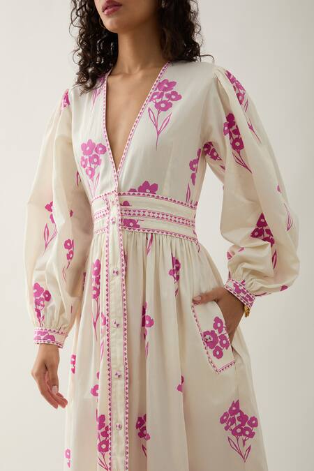 Buy Son Of A Noble Snob Off White Cotton Satin V-neck Solace Fit-and-flare Midi Dress Buy_Son Of A Noble Snob_Off White Cotton Satin V-neck Solace Fit-and-flare Midi Dress