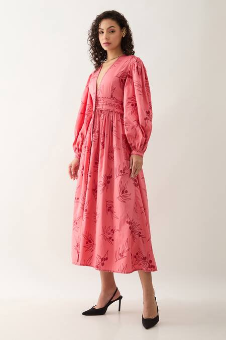 Son Of A Noble Snob Pink Cotton Satin V-neck Grape Print Fit-and-flare Midi Dress Online at Aza Fashions Son Of A Noble Snob_Pink Cotton Satin V-neck Grape Print Fit-and-flare Midi Dress _Online_at_Aza_Fashions