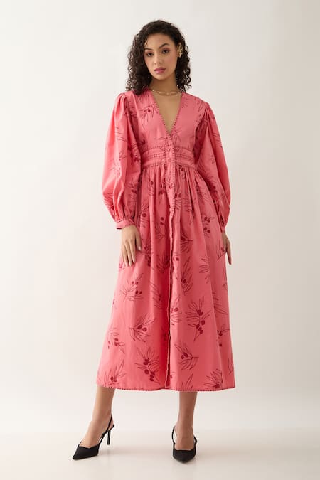 Son of A Noble Snob Pink Cotton Satin V-neck Grape Print Fit-and-flare Midi Dress 