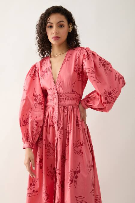 Buy Son Of A Noble Snob Pink Cotton Satin V-neck Grape Print Fit-and-flare Midi Dress Online at Aza Fashions Buy_Son Of A Noble Snob_Pink Cotton Satin V-neck Grape Print Fit-and-flare Midi Dress _Online_at_Aza_Fashions
