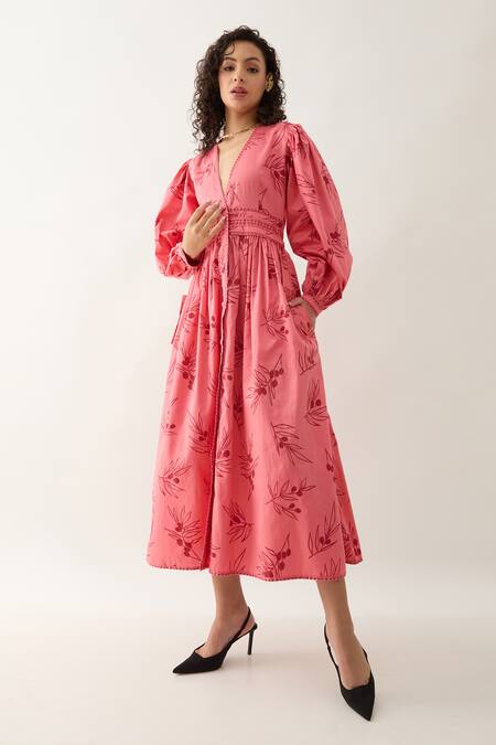 Shop Son Of A Noble Snob Pink Cotton Satin V-neck Grape Print Fit-and-flare Midi Dress Online at Aza Fashions Shop_Son Of A Noble Snob_Pink Cotton Satin V-neck Grape Print Fit-and-flare Midi Dress _Online_at_Aza_Fashions