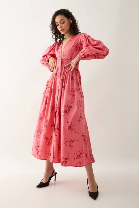 Son Of A Noble Snob Pink Cotton Satin V-neck Grape Print Fit-and-flare Midi Dress at Aza Fashions Son Of A Noble Snob_Pink Cotton Satin V-neck Grape Print Fit-and-flare Midi Dress _at_Aza_Fashions