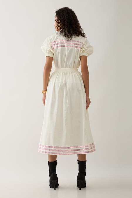 Shop Son Of A Noble Snob Off White Cotton Satin Embroidery Collared Spring Farm Shirt And Skirt Set at Aza Fashions Shop_Son Of A Noble Snob_Off White Cotton Satin Embroidery Collared Spring Farm Shirt And Skirt Set _at_Aza_Fashions