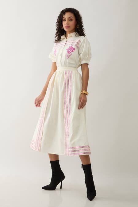 Son Of A Noble Snob Off White Cotton Satin Embroidery Collared Spring Farm Shirt And Skirt Set Online at Aza Fashions Son Of A Noble Snob_Off White Cotton Satin Embroidery Collared Spring Farm Shirt And Skirt Set _Online_at_Aza_Fashions