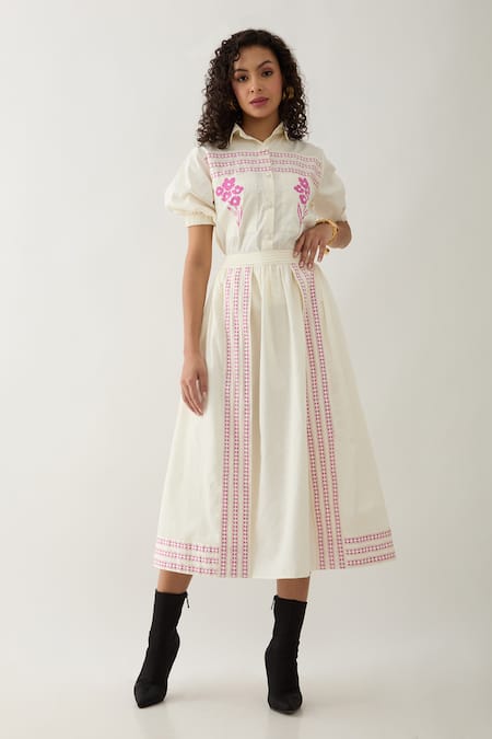 Son of A Noble Snob Off White Cotton Satin Embroidery Collared Spring Farm Shirt And Skirt Set 