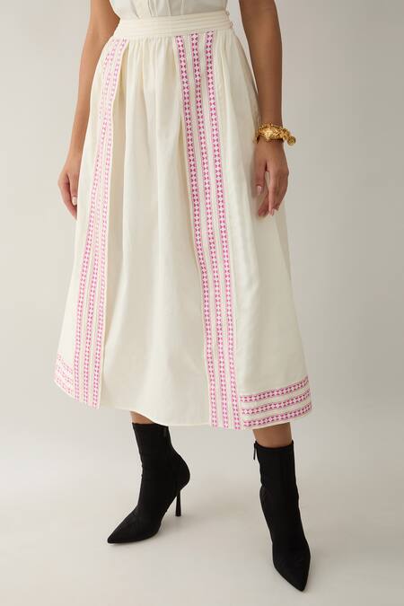 Shop Son Of A Noble Snob Off White Cotton Satin Embroidery Collared Spring Farm Shirt And Skirt Set Online at Aza Fashions Shop_Son Of A Noble Snob_Off White Cotton Satin Embroidery Collared Spring Farm Shirt And Skirt Set _Online_at_Aza_Fashions