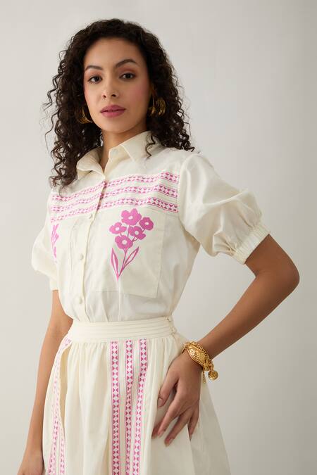 Son Of A Noble Snob Off White Cotton Satin Embroidery Collared Spring Farm Shirt And Skirt Set at Aza Fashions Son Of A Noble Snob_Off White Cotton Satin Embroidery Collared Spring Farm Shirt And Skirt Set _at_Aza_Fashions