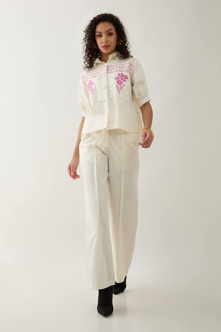 Son Of A Noble Snob Off White Cotton Satin Embroidery Collared Spring Farm Shirt Online at Aza Fashions Son Of A Noble Snob_Off White Cotton Satin Embroidery Collared Spring Farm Shirt _Online_at_Aza_Fashions