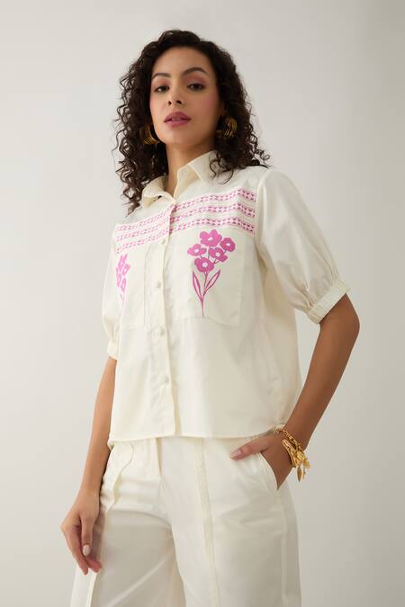 Buy Son Of A Noble Snob Off White Cotton Satin Embroidery Collared Spring Farm Shirt Online at Aza Fashions Buy_Son Of A Noble Snob_Off White Cotton Satin Embroidery Collared Spring Farm Shirt _Online_at_Aza_Fashions