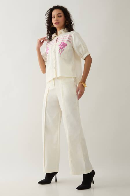 Buy Son Of A Noble Snob Off White Cotton Satin Embroidery Collared Spring Farm Shirt Buy_Son Of A Noble Snob_Off White Cotton Satin Embroidery Collared Spring Farm Shirt