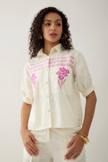 Shop Son Of A Noble Snob Off White Cotton Satin Embroidery Collared Spring Farm Shirt Shop_Son Of A Noble Snob_Off White Cotton Satin Embroidery Collared Spring Farm Shirt