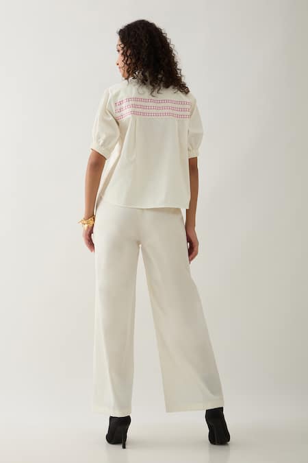 Shop Son Of A Noble Snob Off White Cotton Satin Embroidery Collared Spring Farm Shirt at Aza Fashions Shop_Son Of A Noble Snob_Off White Cotton Satin Embroidery Collared Spring Farm Shirt _at_Aza_Fashions